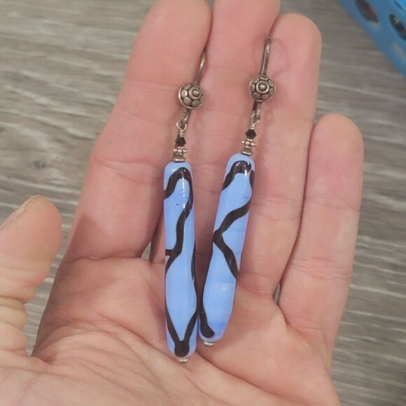 925 Sterling Silver Blue Glass 3" Dangle Earrings - Picture 2 of 7